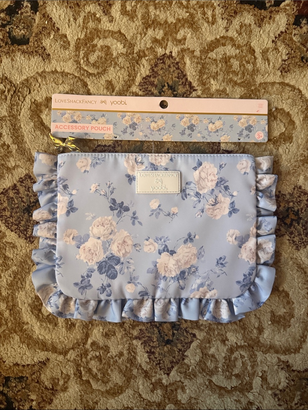 Yoobi Light Blue Floral Ruffle pencil case pouch with Gold Charm